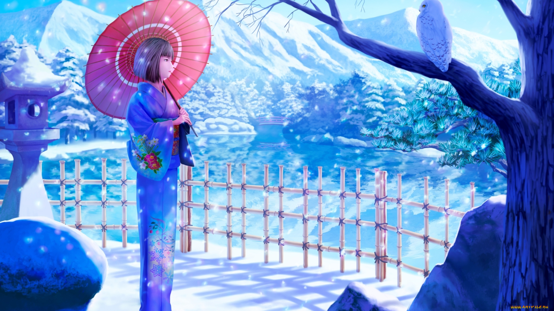 аниме, -merry, chrismas, &, winter, горы, озеро, птица, зонт, дерево, кимоно, снег, пруд, забор, сова