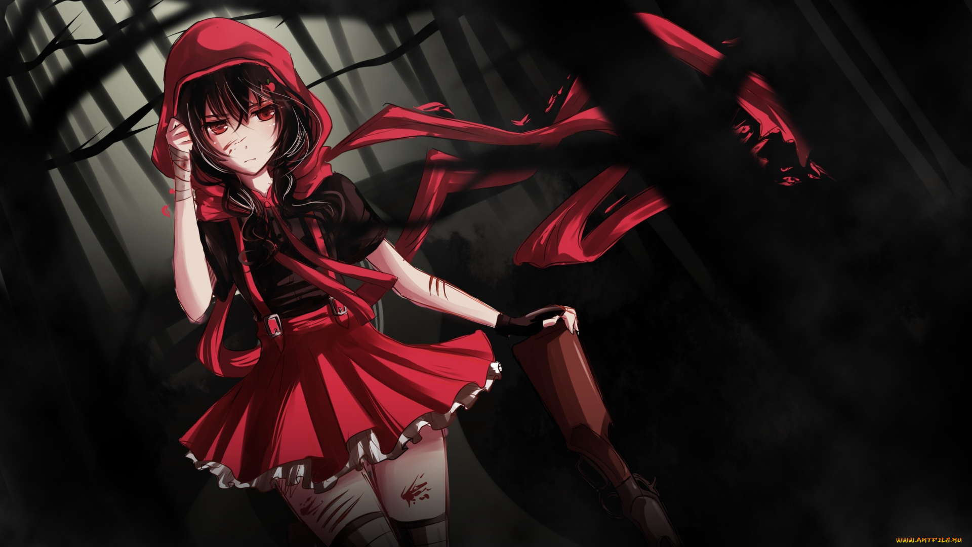 аниме, -weapon, , blood, &, technology, кровь, раны, бинты, лес, красная, шапочка, девочка