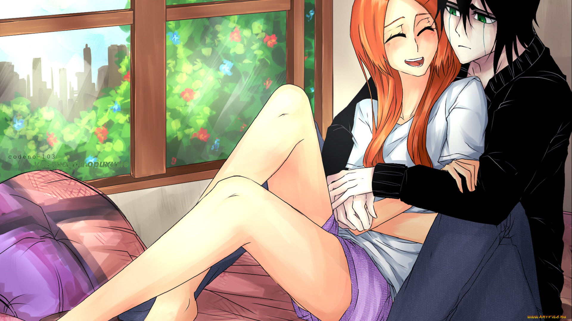 аниме, bleach, блич, арт, улькиорра, шиффер, орихиме, парень, девушка, пара, любовь, окно, цветы, тапочки, подушка, брюнет, рыжая, романтика, объятия