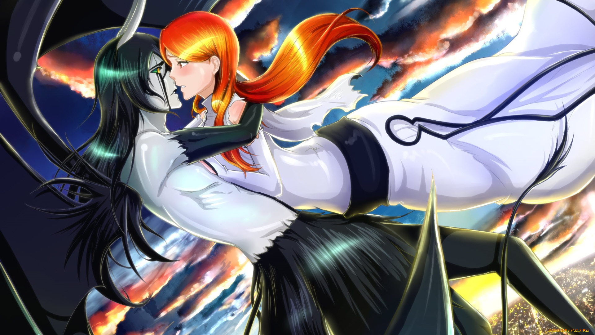 аниме, bleach, блич, фан, арт, пара, брюнет, рыжая, девушка, парень, любовь, орихиме, улькиорра, шиффер, аранкар, полёт, небо, облака, закат, город, объятия