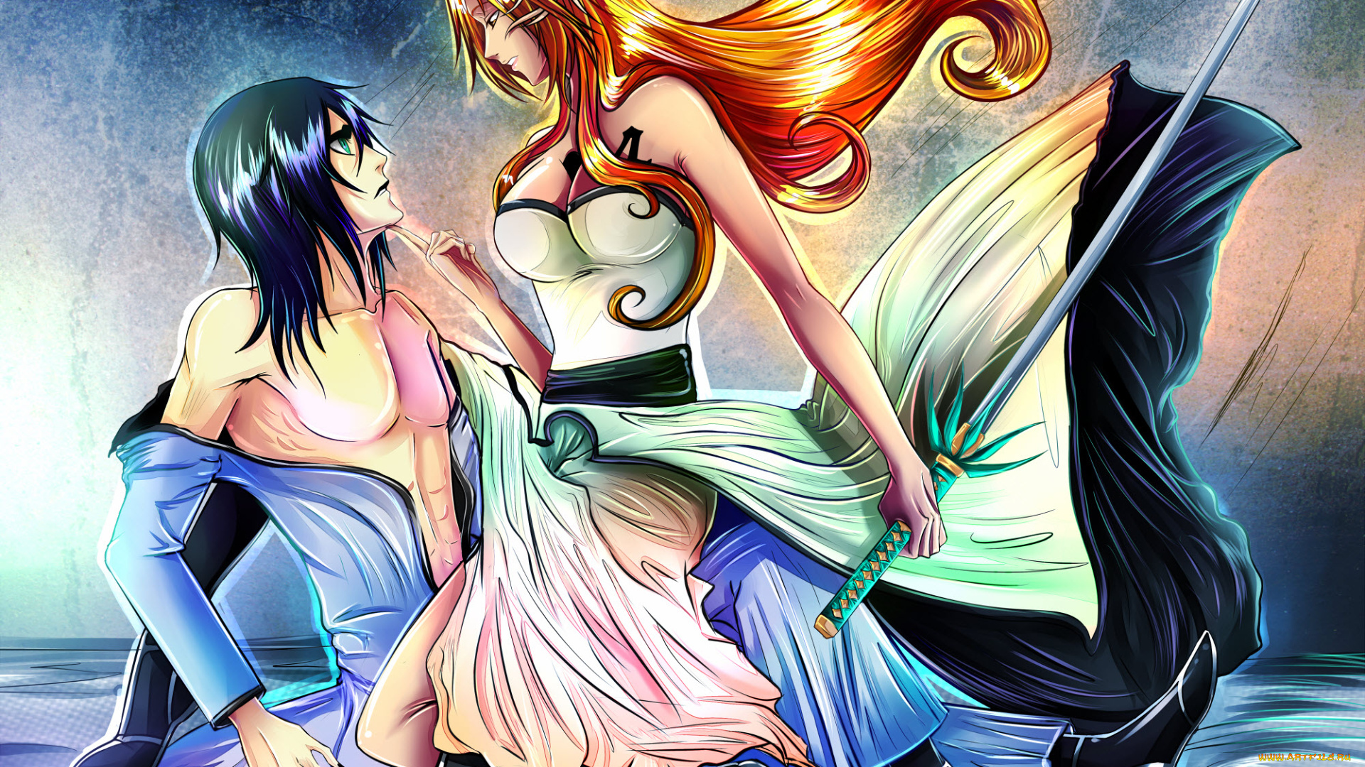 аниме, bleach, блич, фан, арт, улькиорра, шиффер, орихиме, парень, девушка, брюнет, рыжая, меч, аранкары