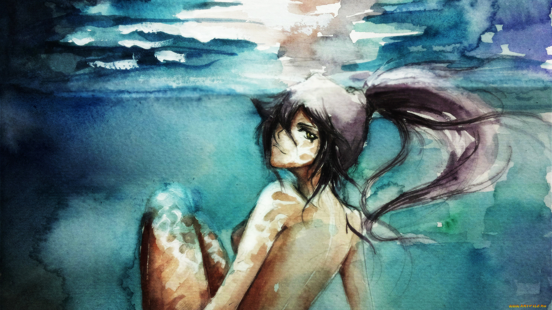 аниме, bleach, блич, фан, арт, ёруичи, девушка, рисованная, акварель, голая, в, воде, волосы, взгляд