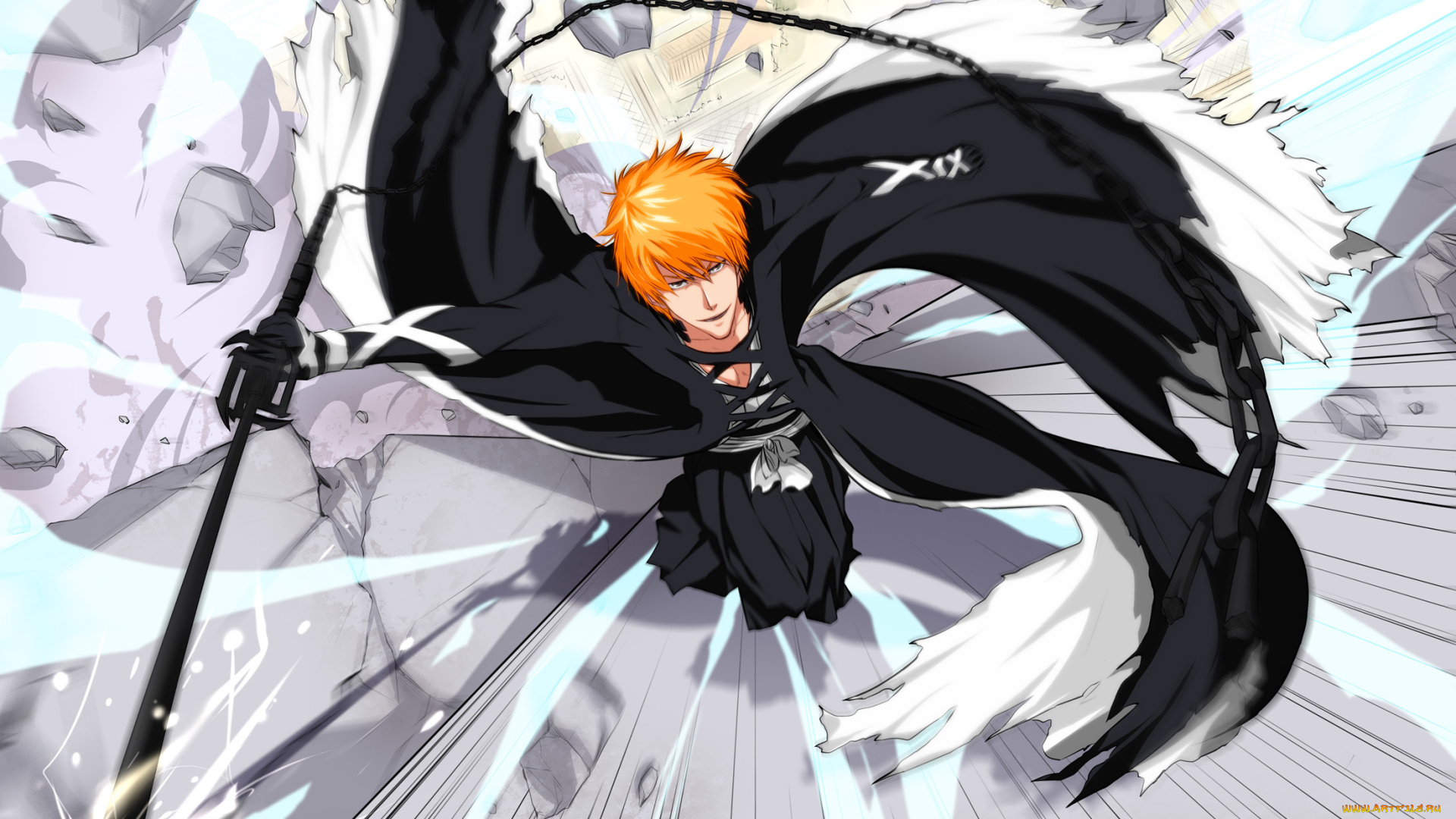 аниме, bleach, блич, парень, рыженький, ичиго, куросаки, занпакто, цепь, камни, взгляд, полёт