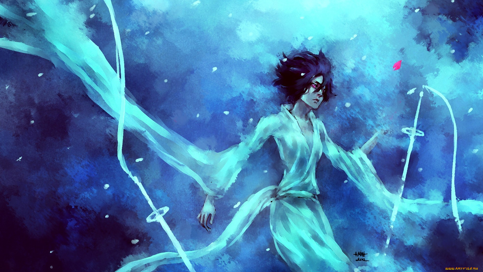 аниме, bleach, девушка, ленты, занпакто, мечи, белые, одежды, кучики, брюнетка, рукия