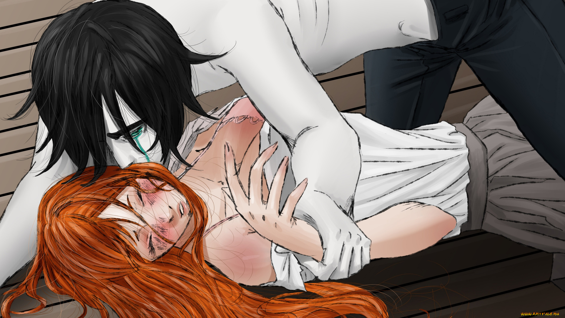 аниме, bleach, фан, арт, блич, орихиме, улькиорра, шиффер, аранкар, поцелуй, пара, брюнет, рыжая, девушка, парень, любовь