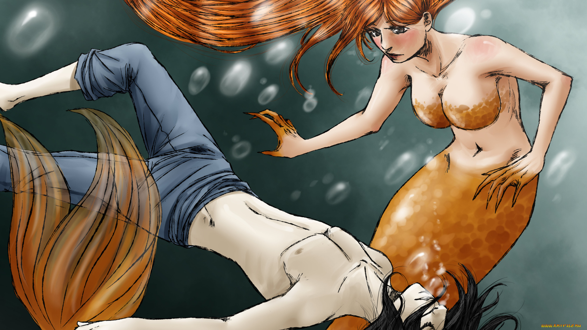 аниме, bleach, фан, арт, вода, пузыри, орихиме, блич, улькиорра, девушка, парень, русалка, рыжая, брюнет