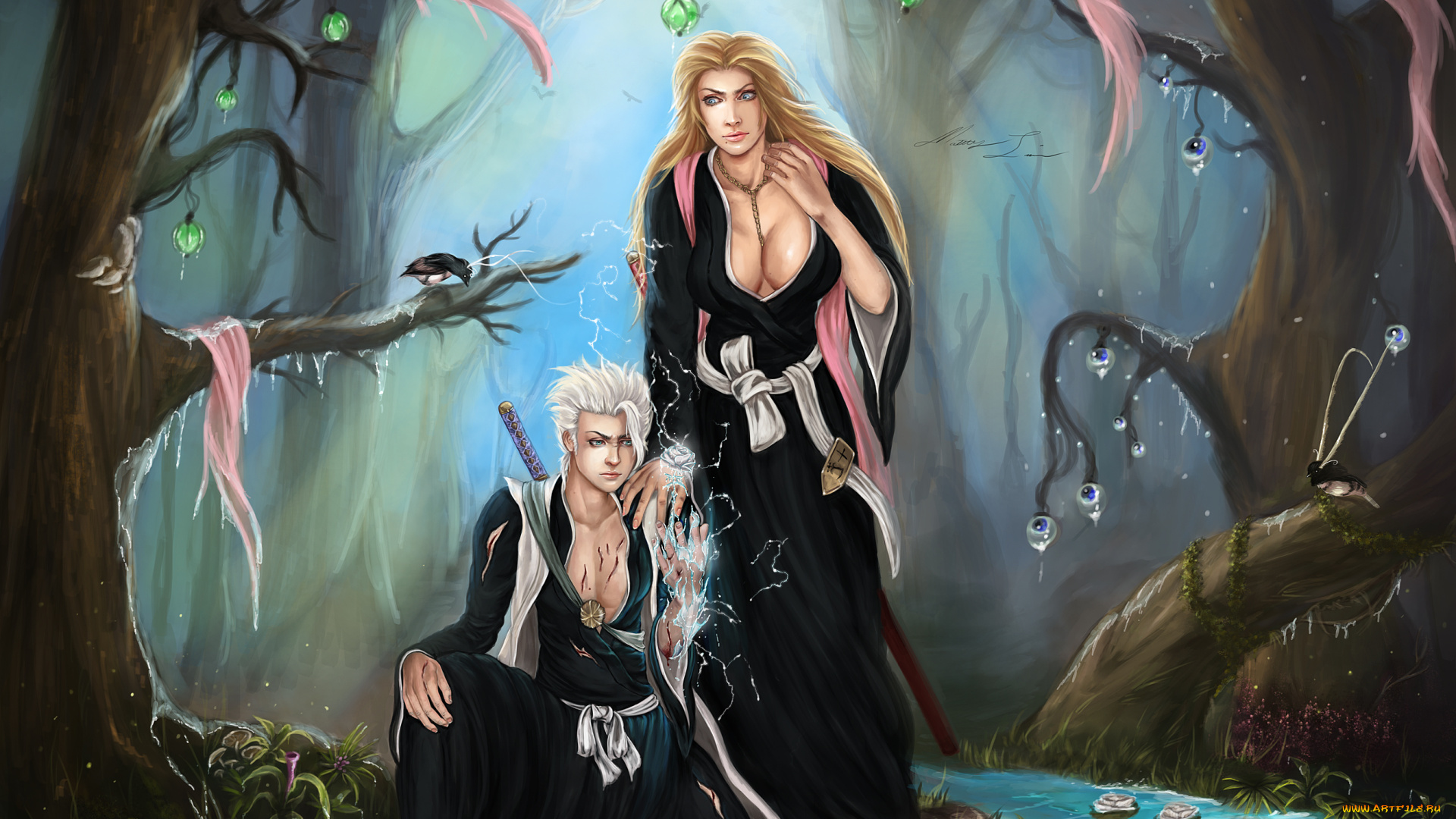 аниме, bleach, hitsugaya, toshiro, matsumoto, rangiku, парень, девушка, лес, ручей, птица, глаза
