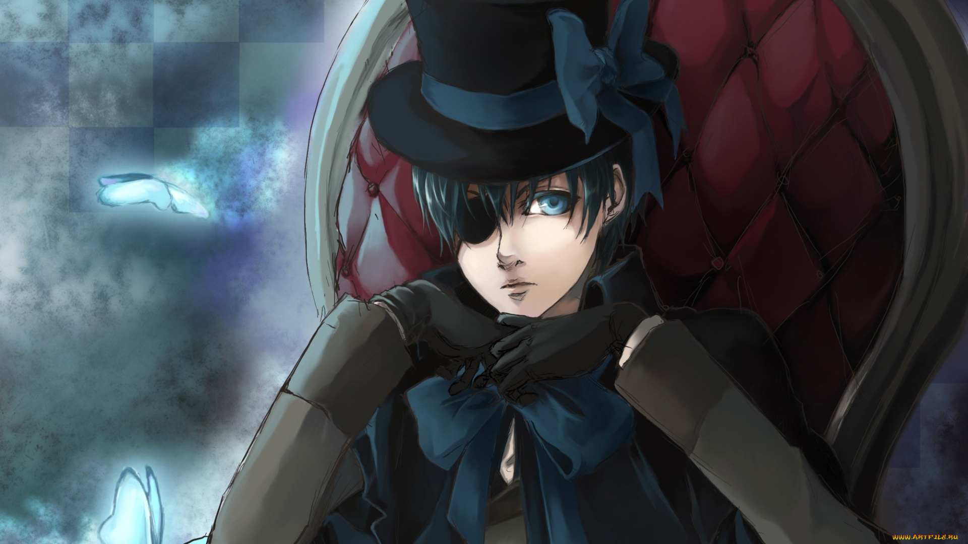 аниме, kuroshitsuji, сиэль, фантомхайв, кресло, шляпа, тёмный, дворецкий, банты, бабочки, взгляд