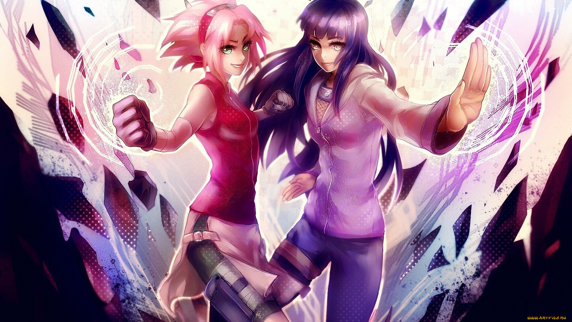 аниме, naruto, харуно, хьюга, взгляды, хината, сакура, наруто, стойка, девушки, осколки