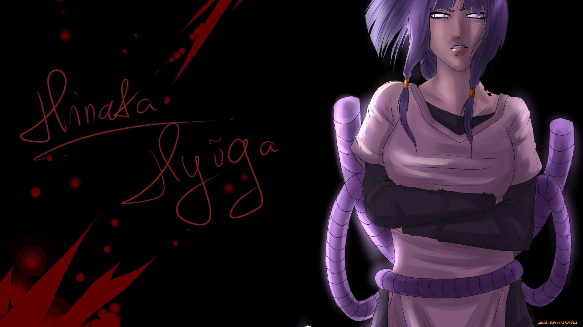 аниме, naruto, хьюга, надпись, бьякуган, верёвка, взгляд, чёрный, фон, девушка, фан, арт