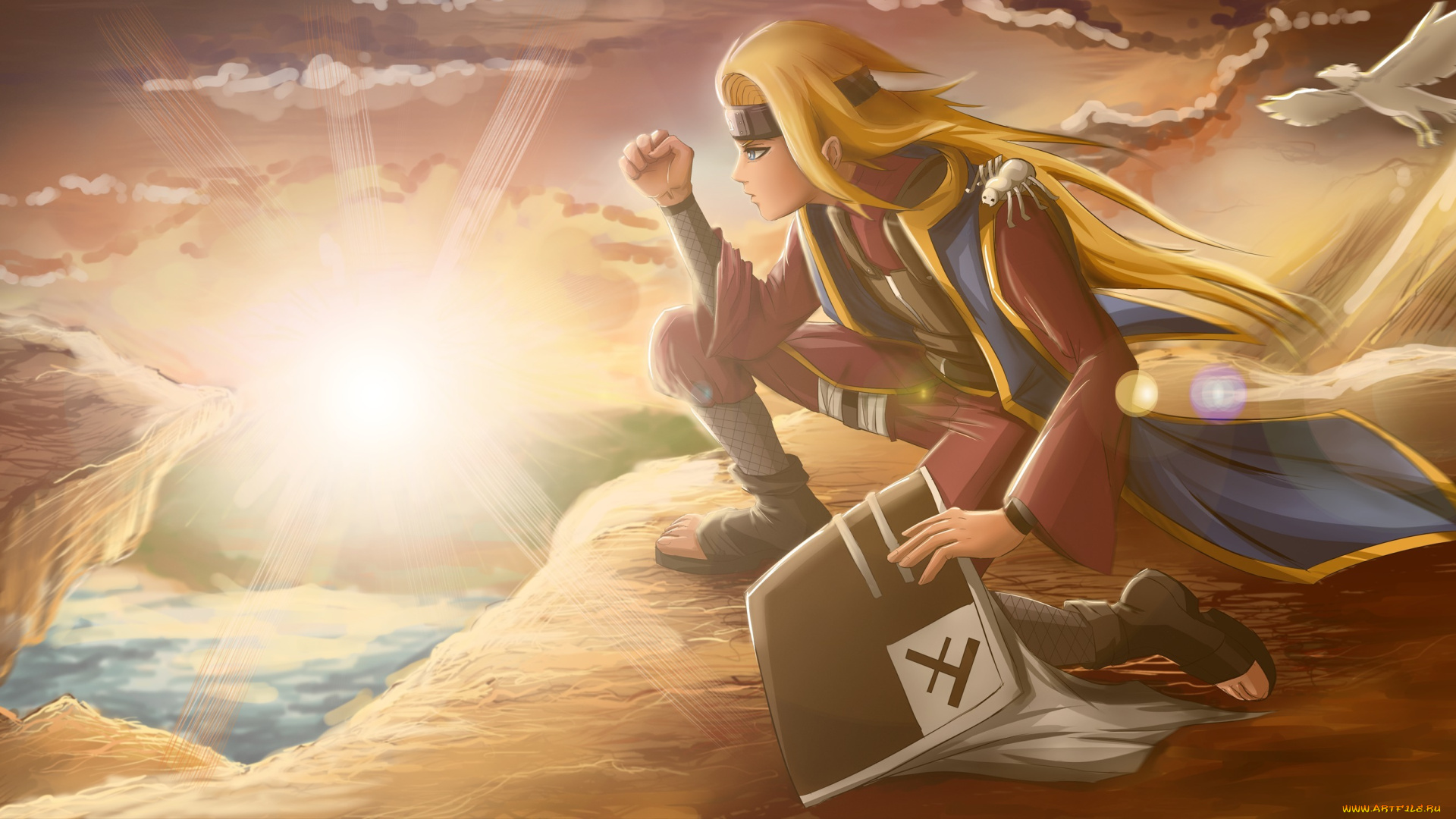 аниме, naruto, искуство, блондин, парень, облака, небо, закат, лучи, солнце, подрывник, птица, дейдара