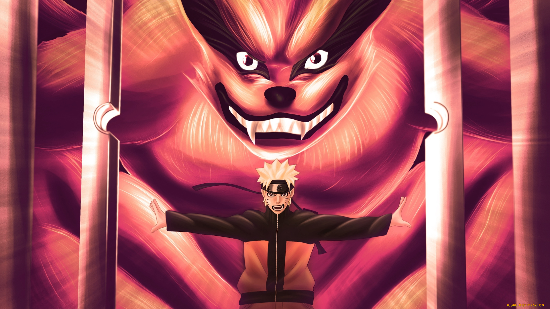 аниме, naruto, лис, девятихвостый, наруто, кьюби, клетка, взгляд, открыл