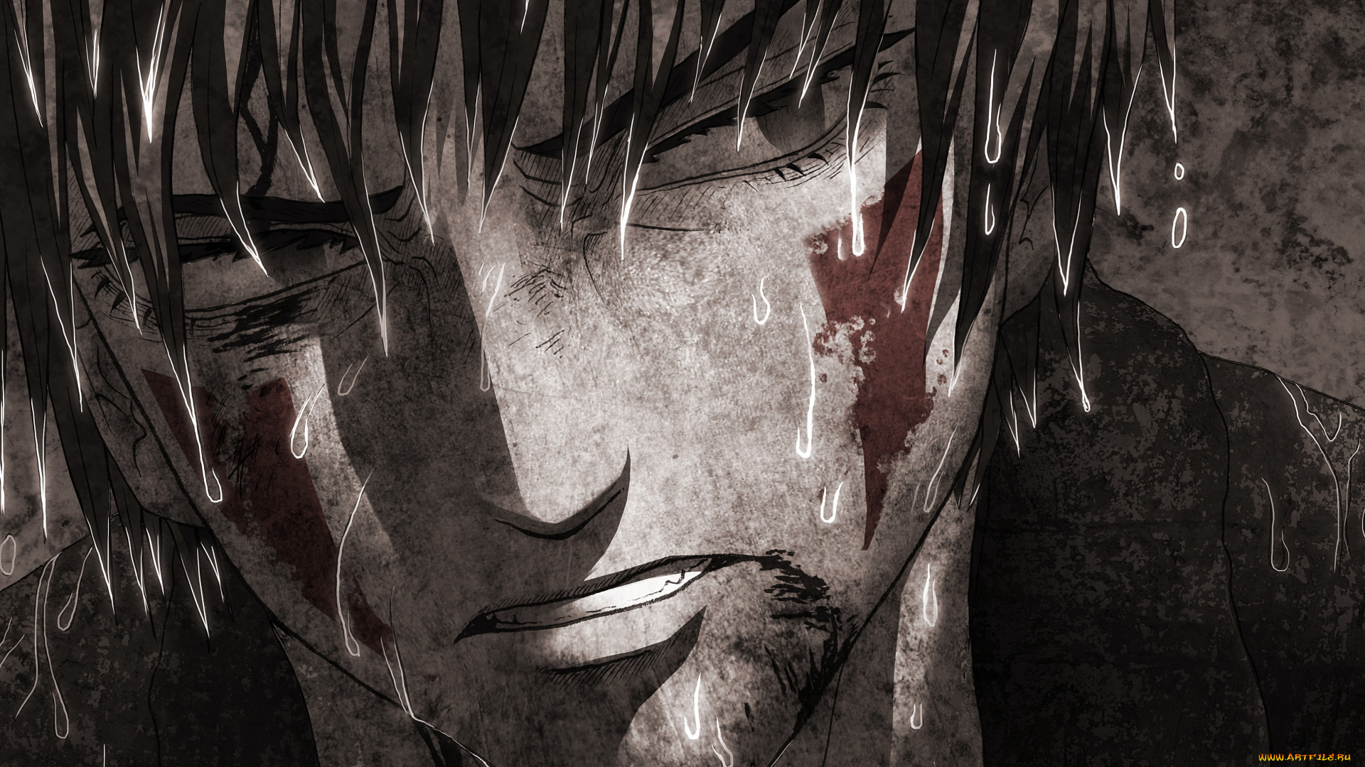 аниме, naruto, парень, чёрно-белый, арт, лицо, капли, клыки, киба, тату