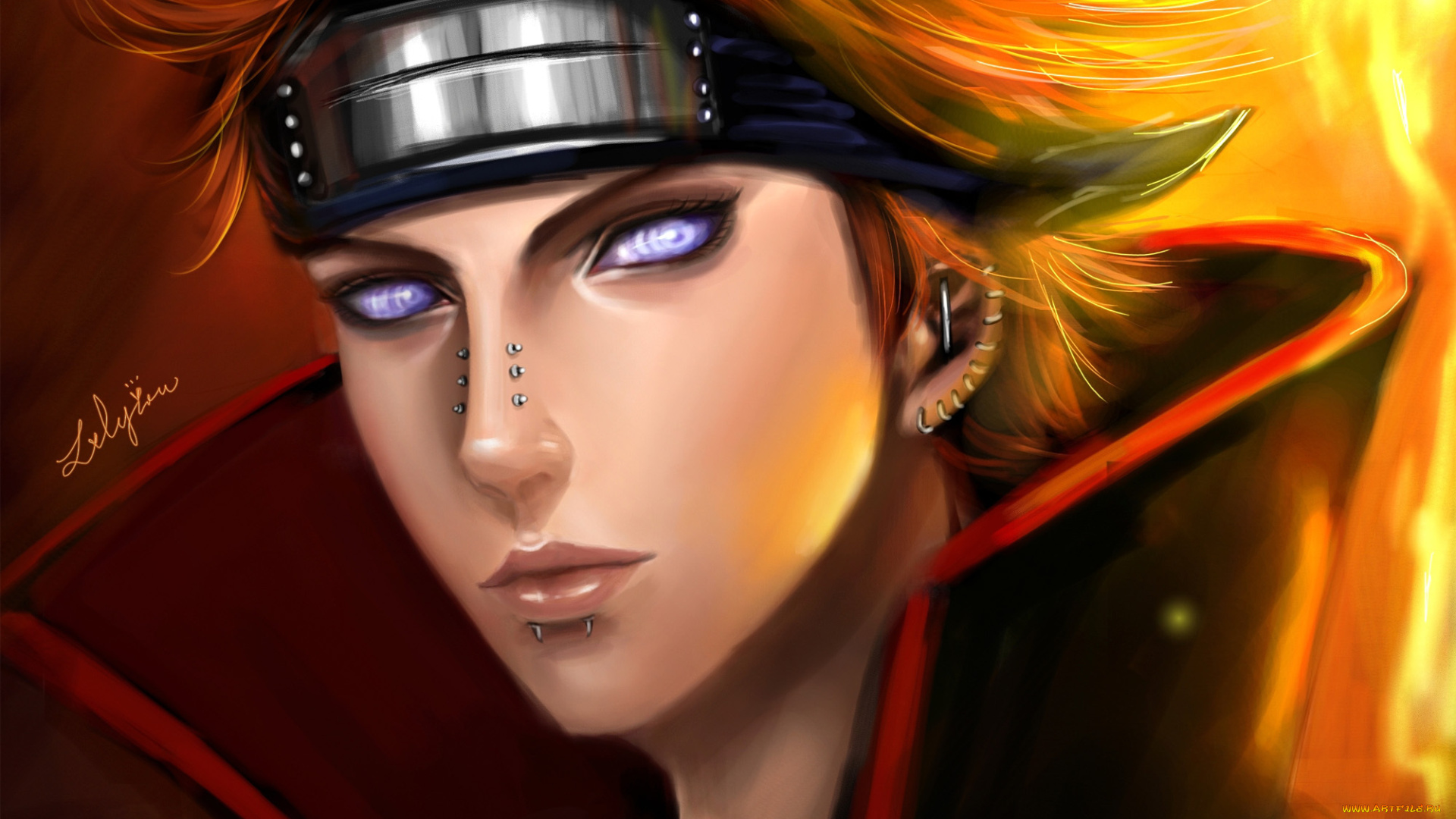 аниме, naruto, рыжий, яхико, арт, взгляд, риннеган, парень, пирсинги, акатцки, воротник, свет