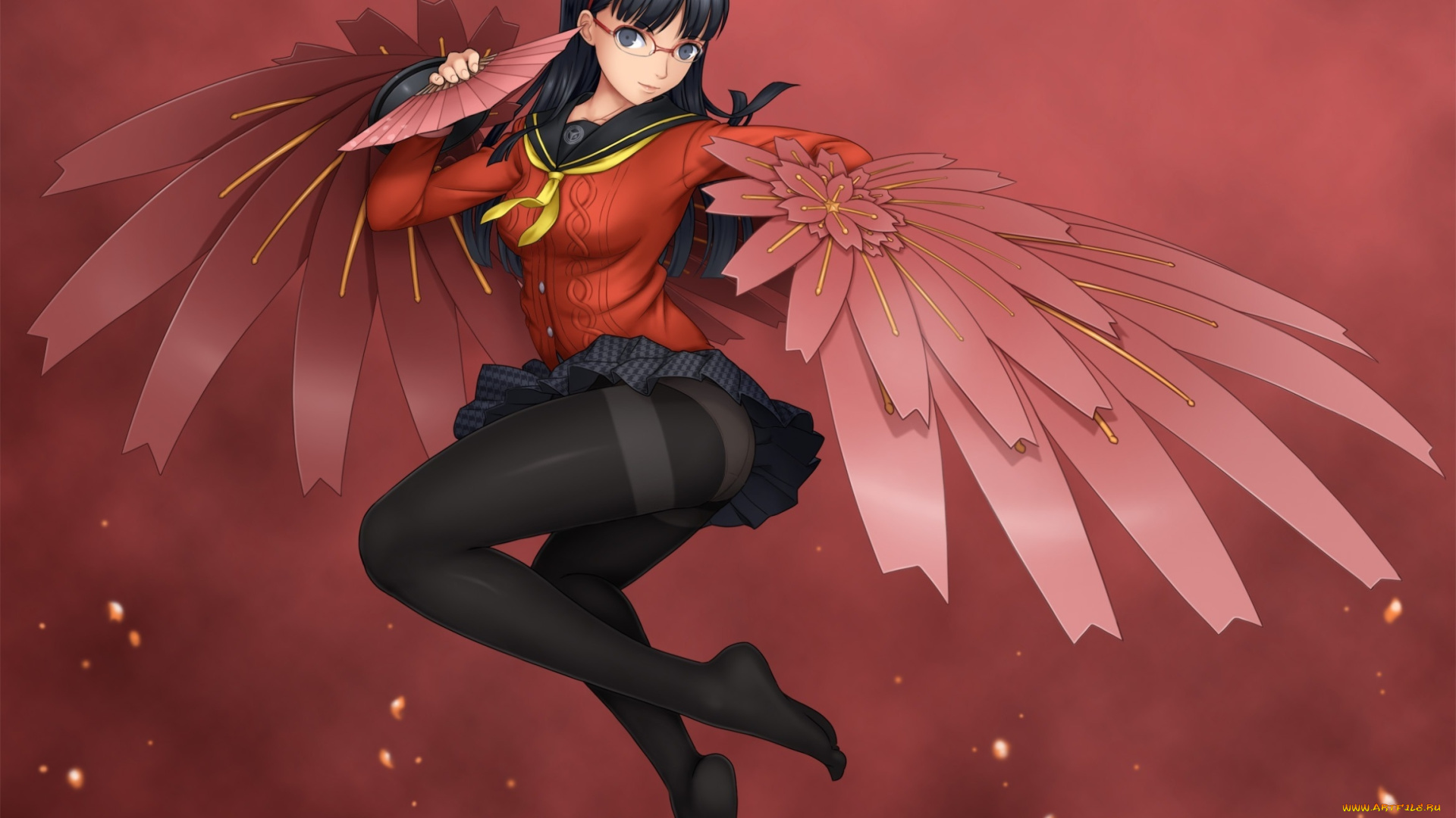 аниме, persona, 4, взгляд, улыбка, крылья, веера