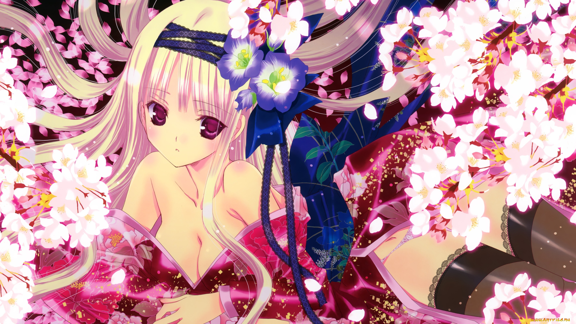 аниме, *unknown, , другое, девушка, лежа, цветы, кимоно, чулки, лента, лепестки