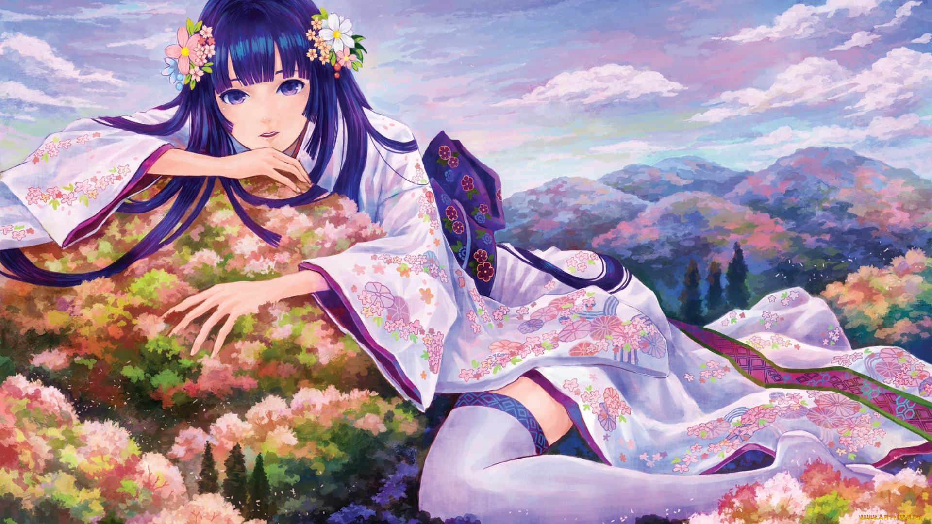 аниме, *unknown, , другое, девушка, взгляд, улыбка, небо, природа