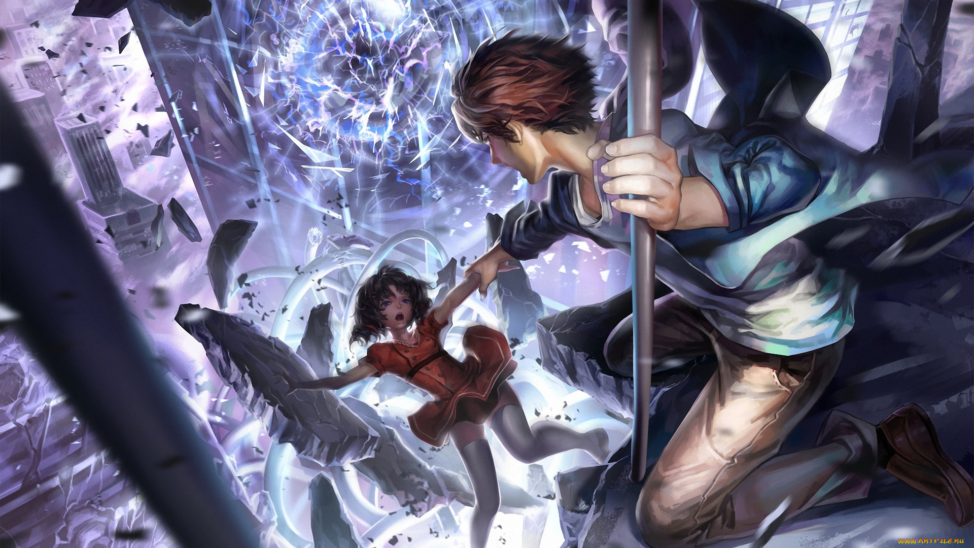 аниме, *unknown, , другое, город, падение, обломки, парень, девушка