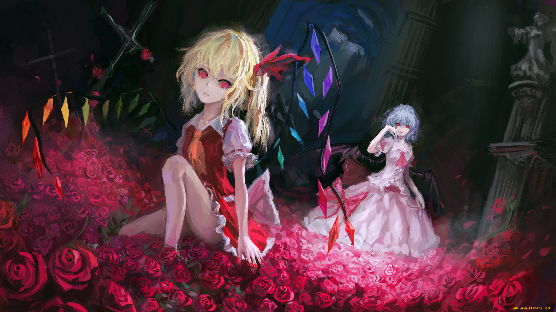 by, tuzki, аниме, touhou, remilia, scarlet, flandre, девушки, демон, крылья, цветы, розы, крест, замок
