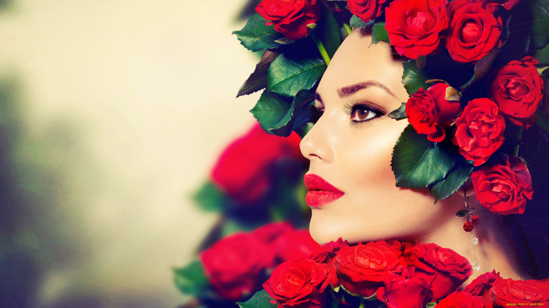 девушки, -unsort, , лица, , портреты, розы, серьги, красные, губы, макияж, взгляд, профиль, девушка