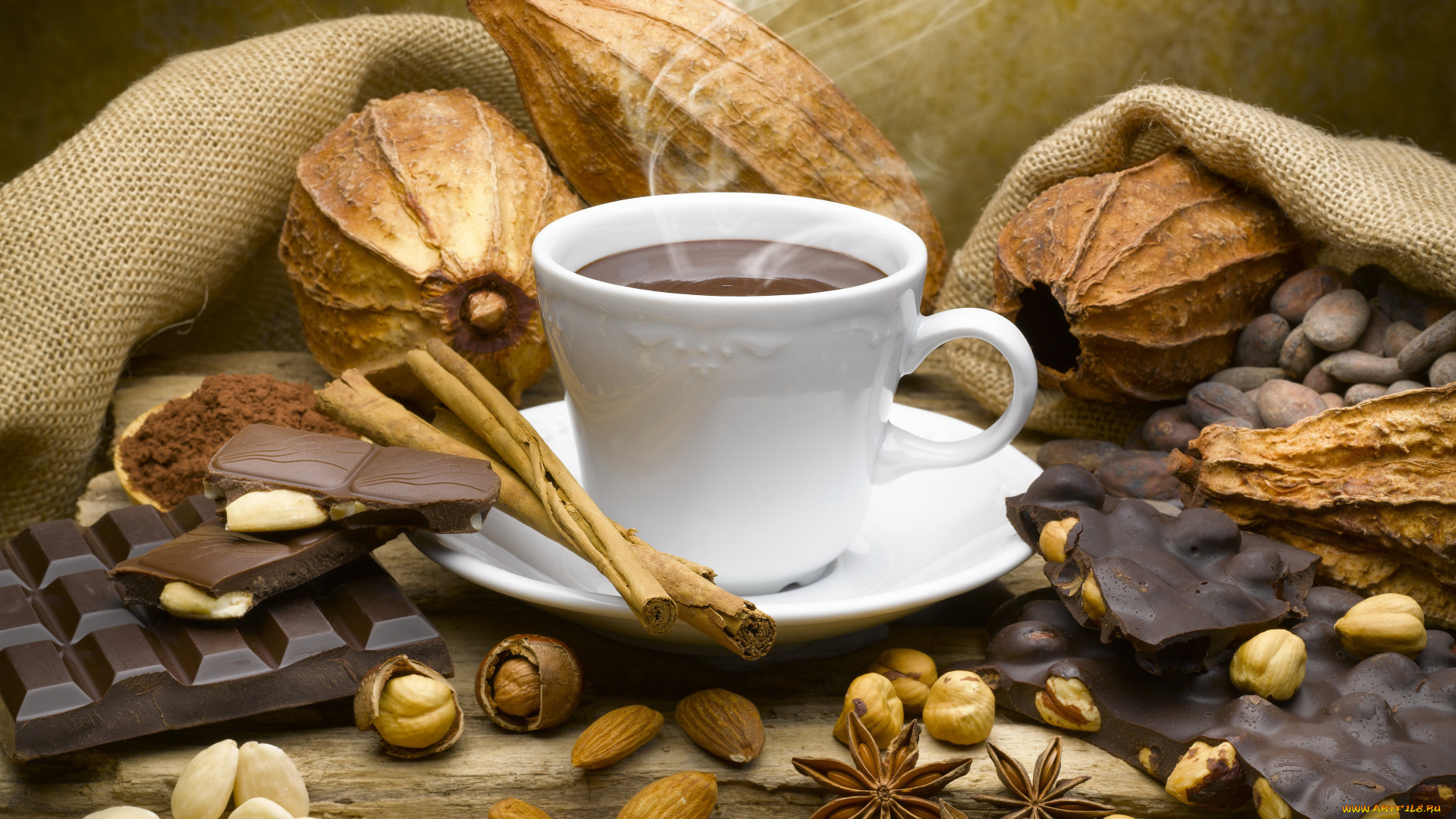еда, кофе, , кофейные, зёрна, дымок, кружка, орехи, корица, шоколад, напиток, бадьян