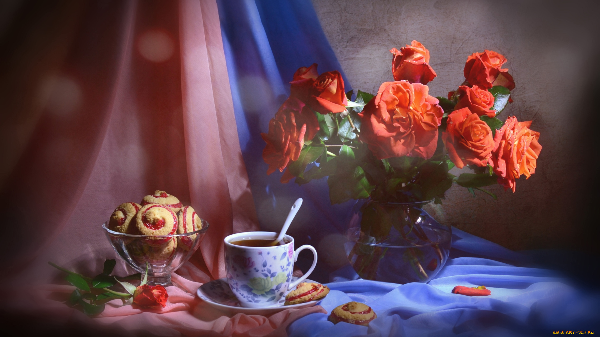 еда, натюрморт, печенье, чай, розы