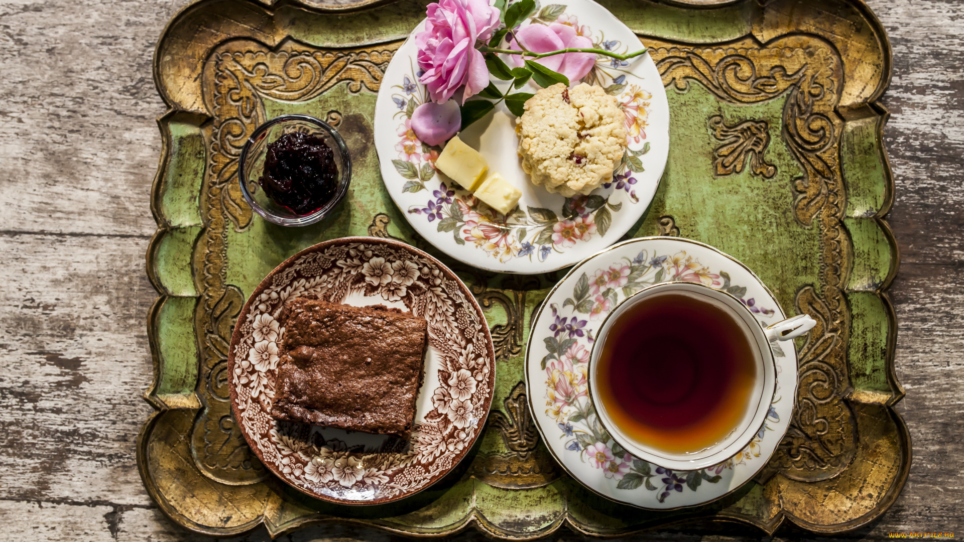 еда, разное, поднос, блюдце, печенье, тарелка, роза, цветок, чай, напиток, шоколад