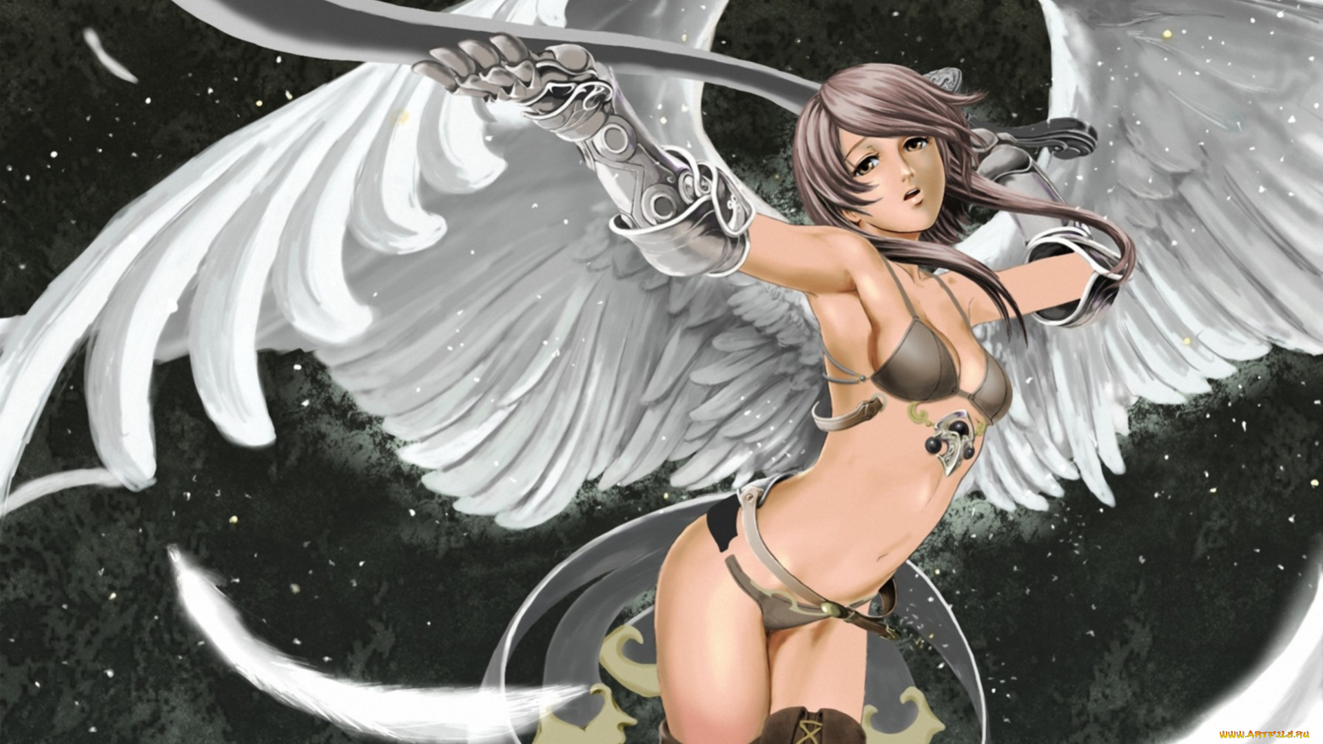 фэнтези, ангелы, перья, ангел, меч, крылья, девушка