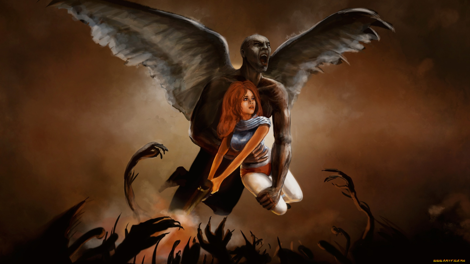 фэнтези, красавицы, и, чудовища, оружие, арт, демон, крылья, девушка