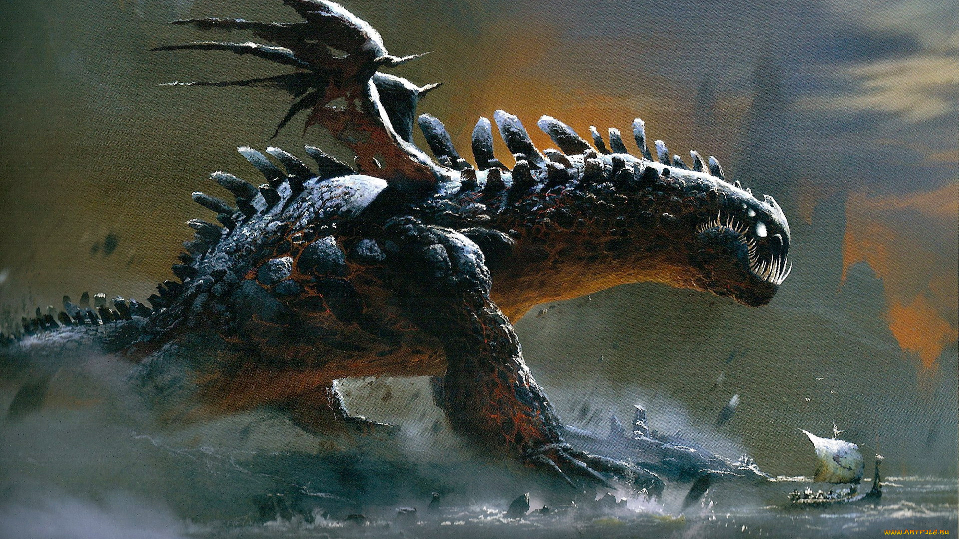 фэнтези, существа, монстр, чудовище, море, ладья, парусник