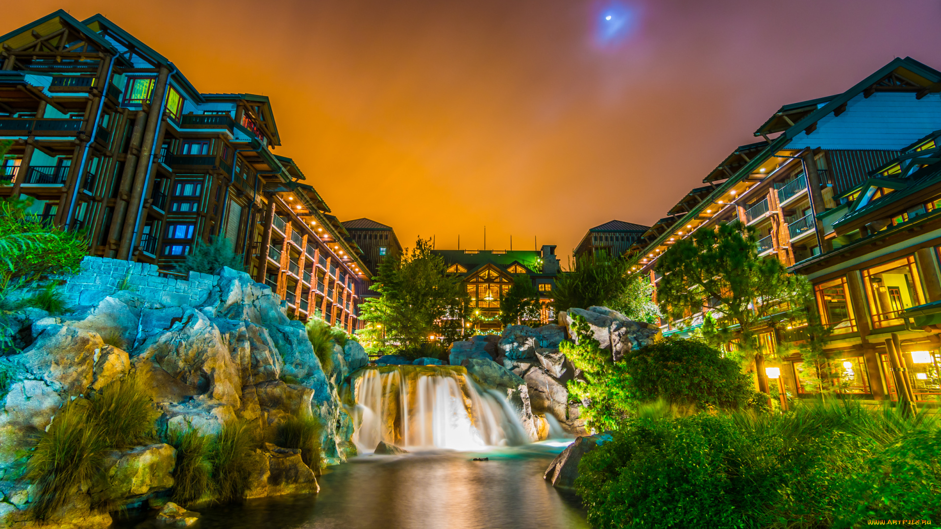 города, диснейленд, здания, водопад