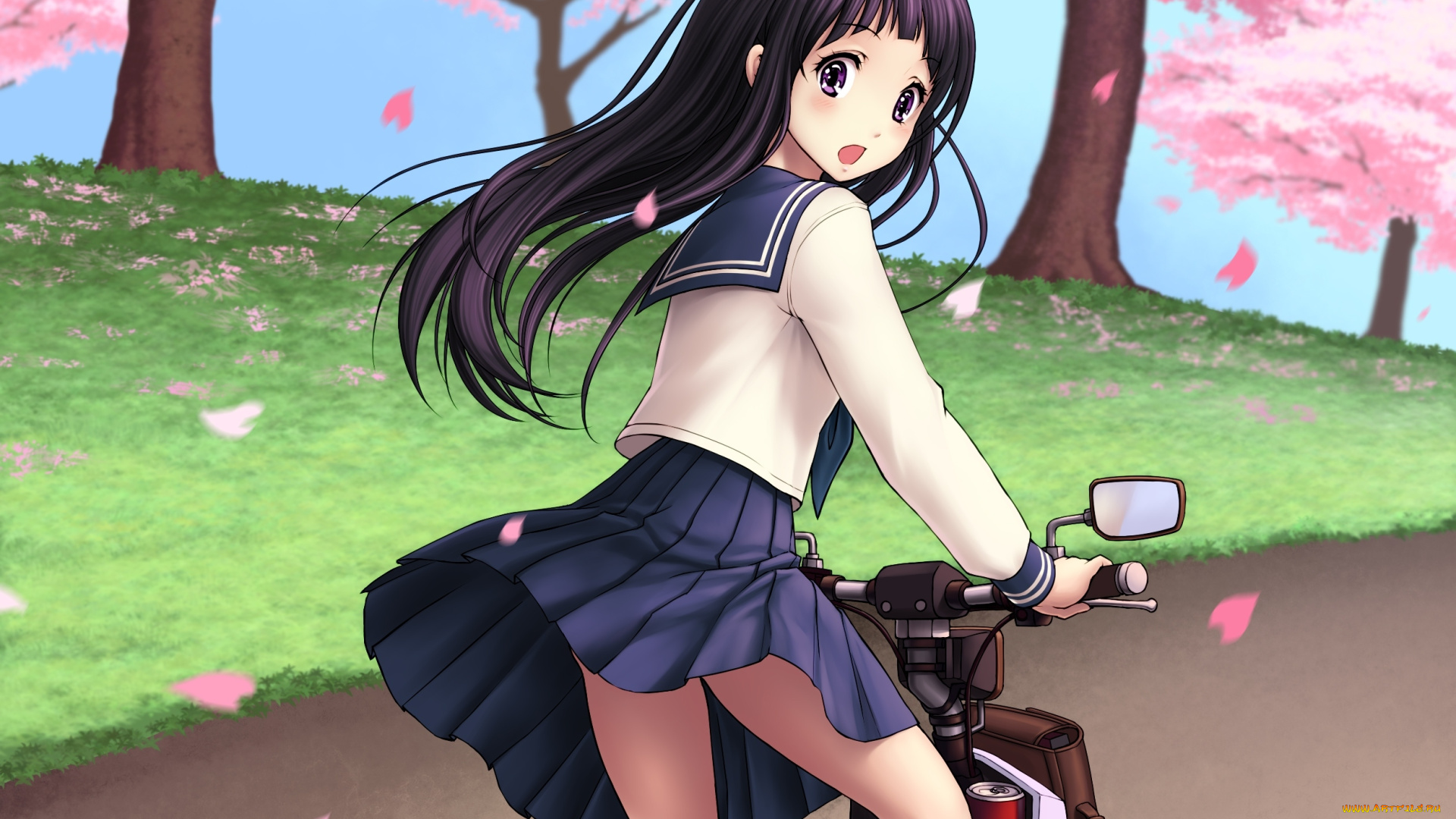 hyouka, аниме, взгляд, улыбка, скутер, сакура