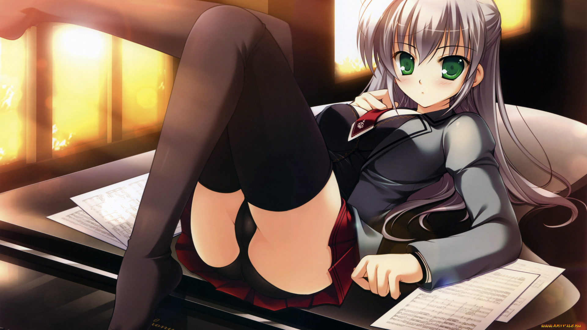 mikeou, аниме, девушка, взгляд, удивление, поза, рояль, ноты