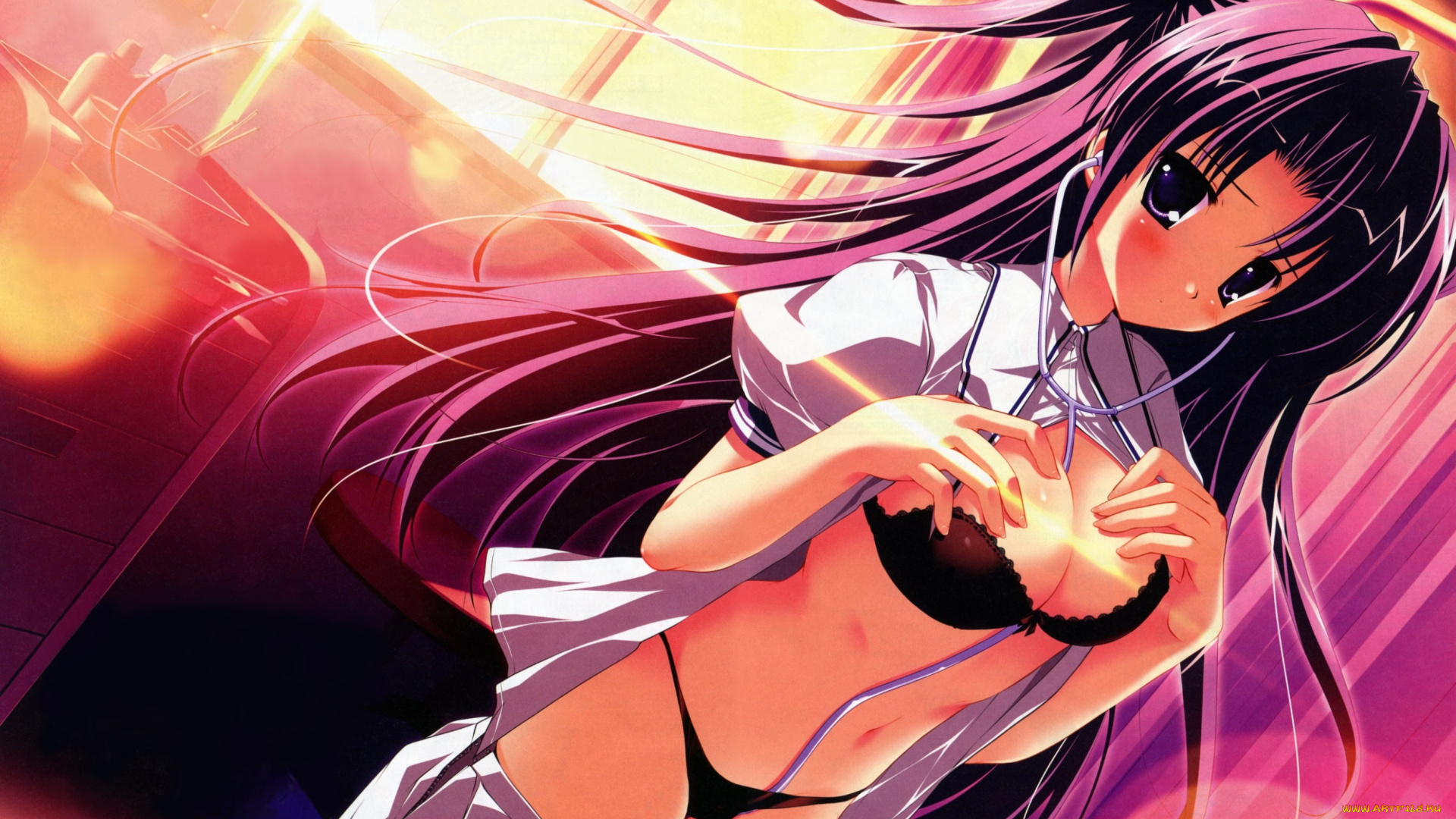 mikeou, аниме, солнце, школьница, окно, рубашка, грудь, белье, девушка