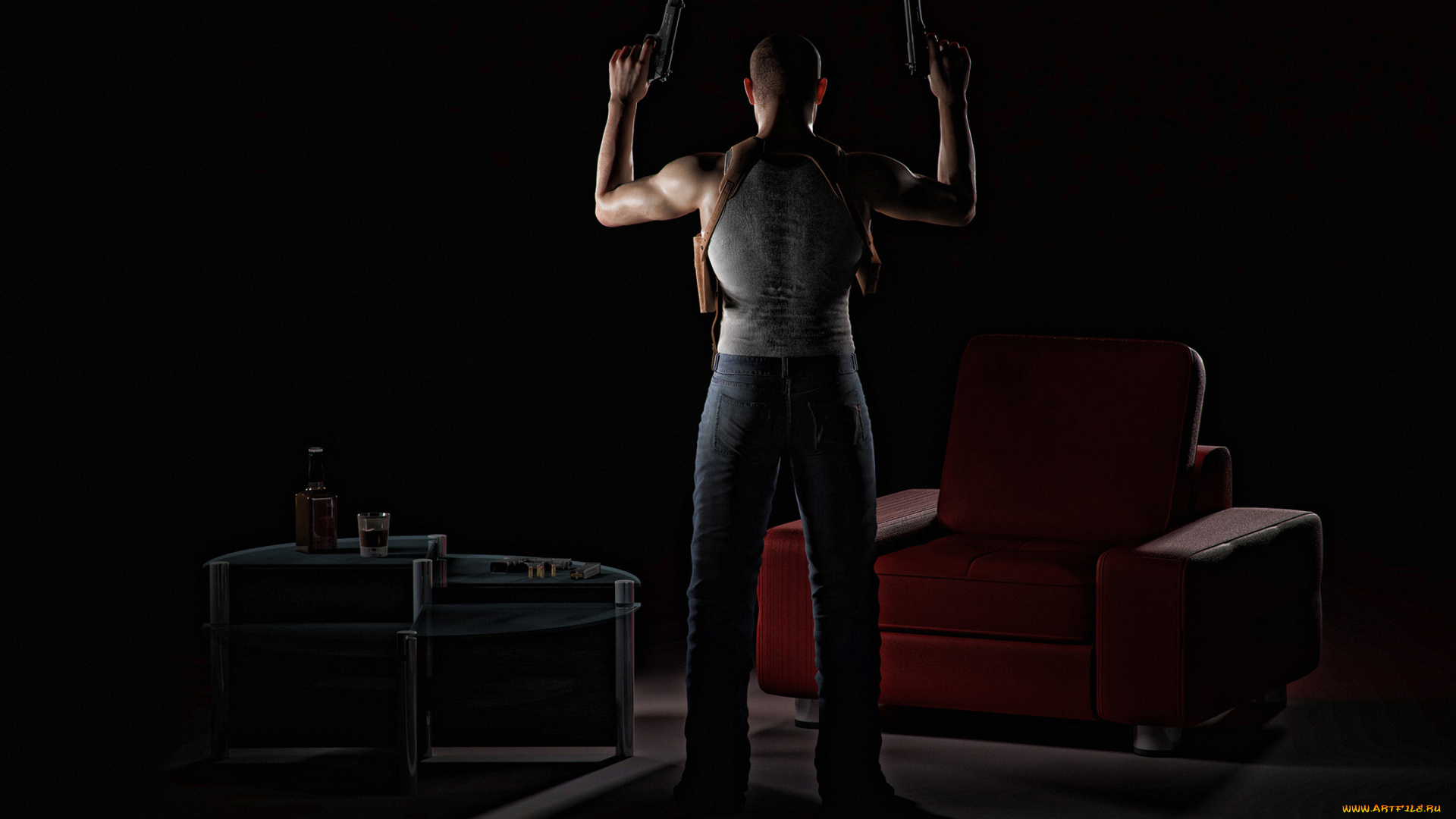 мужик, 3д, графика, fantasy, , фантазия, человек, оружие, диван, напиток