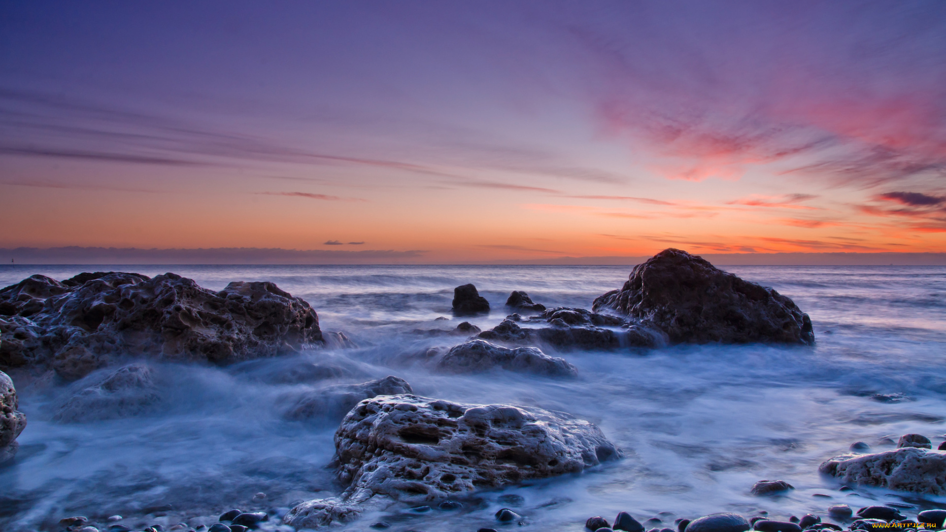 природа, побережье, свет, тучи, горизонт, камни, кляж, океан