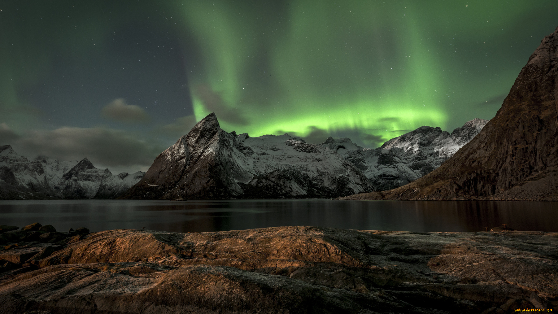 природа, северное, сияние, сполохи, шхеры, скалы, север, море