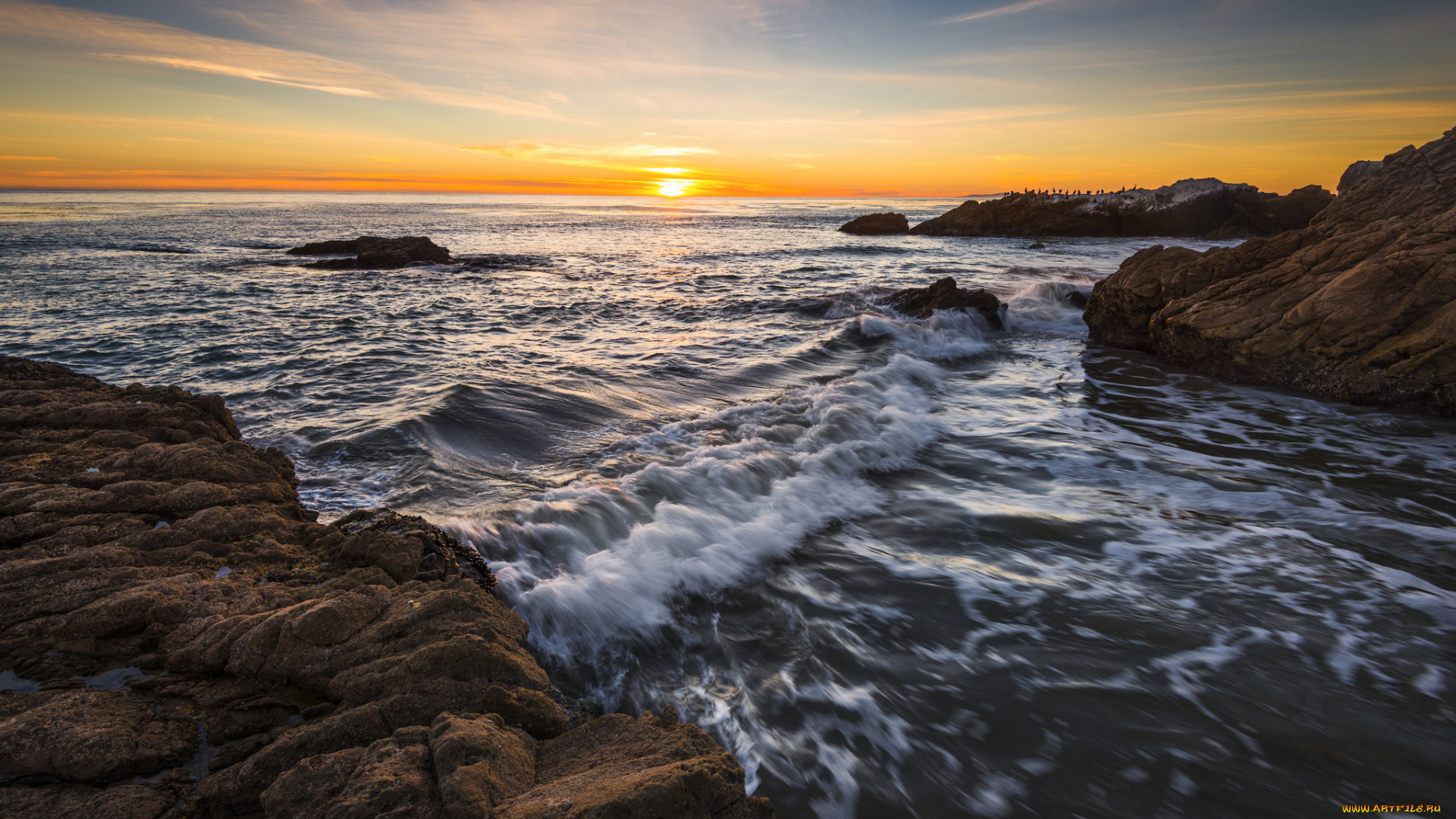 природа, восходы, закаты, камни, берег, океан, солнце, горизонт