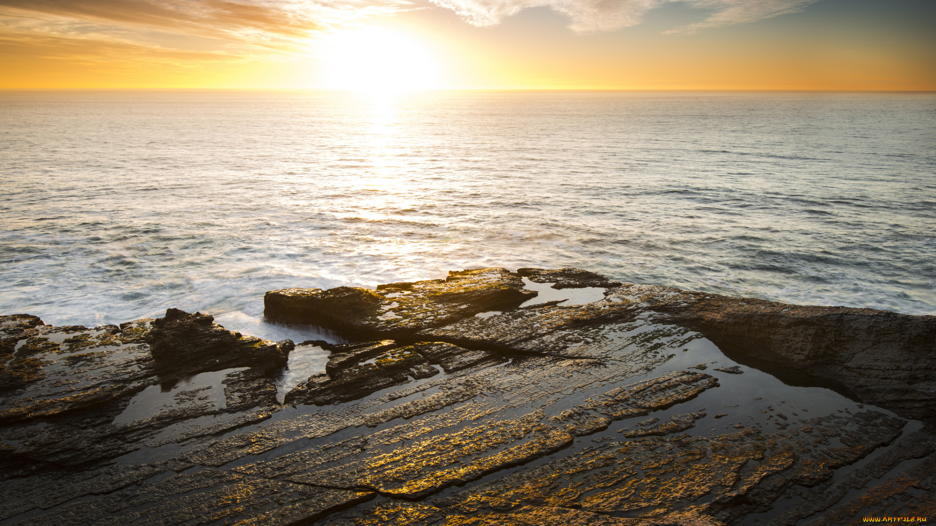 природа, восходы, закаты, камни, океан, сияние, солнце, горизонт