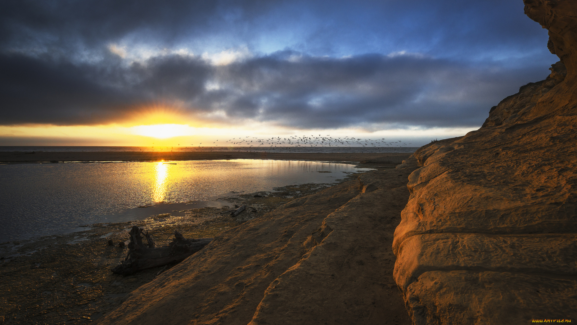 природа, восходы, закаты, скала, скалы, солнце, горизонт, пляж, океан