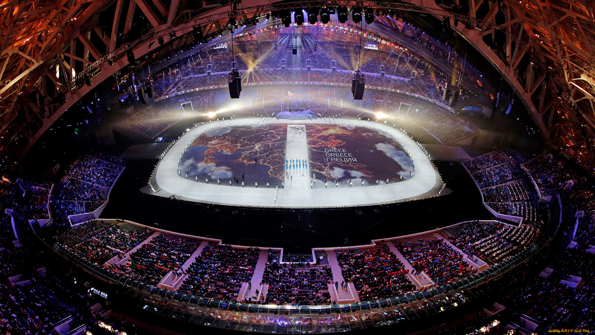 спорт, стадионы, стадион, открытие, сочи, олимпиада, шоу, огни, трибуны, греция, команды