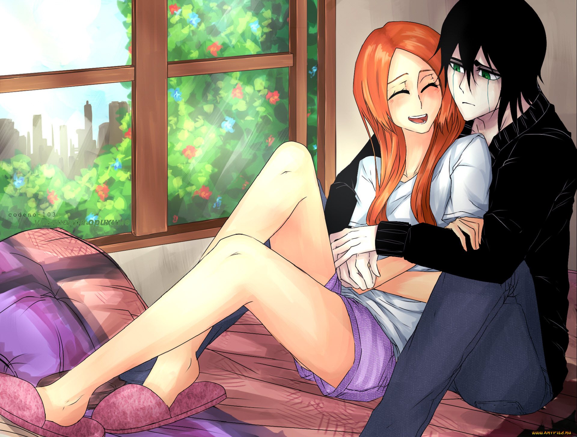 аниме, bleach, блич, арт, улькиорра, шиффер, орихиме, парень, девушка, пара, любовь, окно, цветы, тапочки, подушка, брюнет, рыжая, романтика, объятия