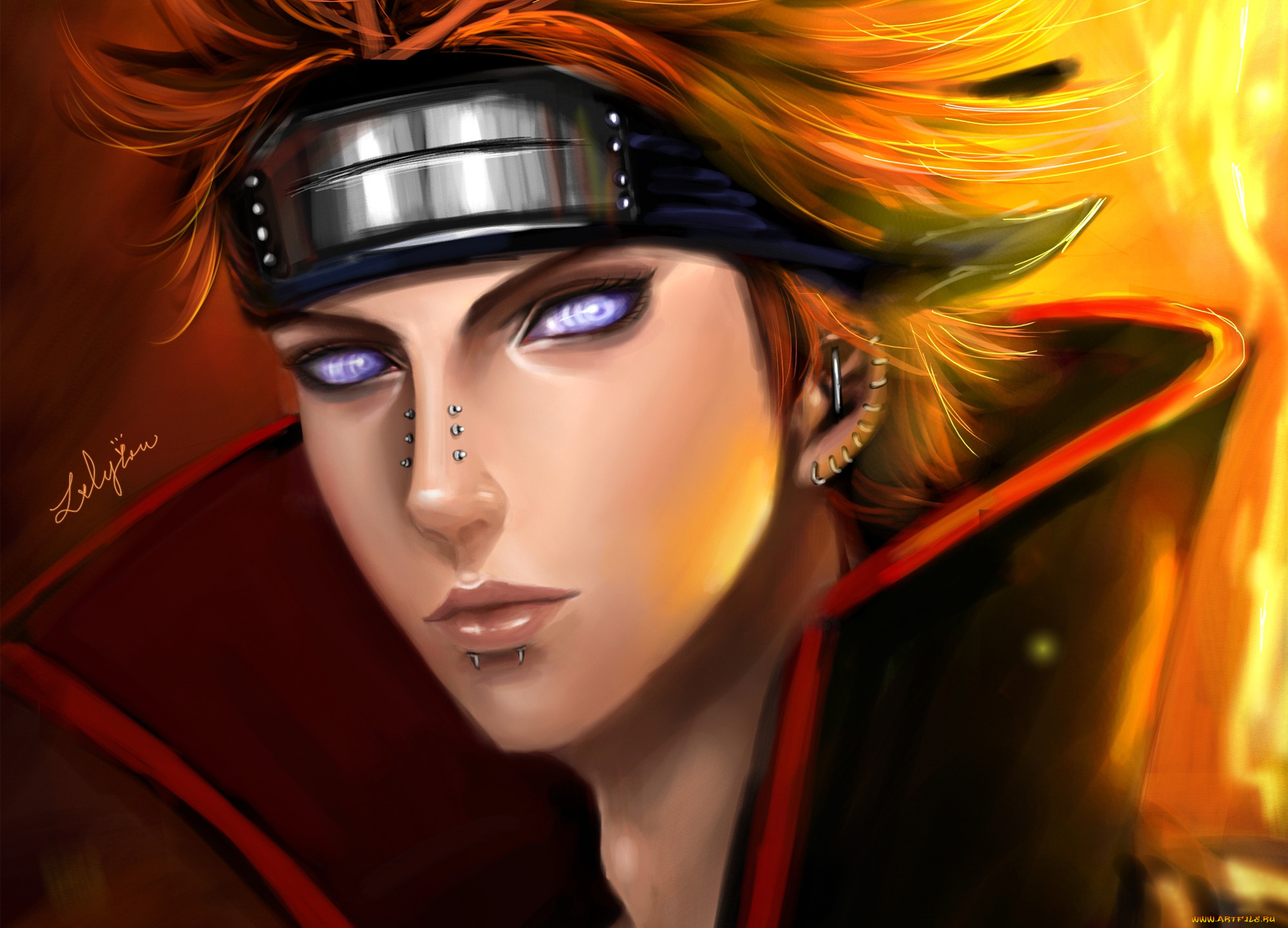 аниме, naruto, рыжий, яхико, арт, взгляд, риннеган, парень, пирсинги, акатцки, воротник, свет