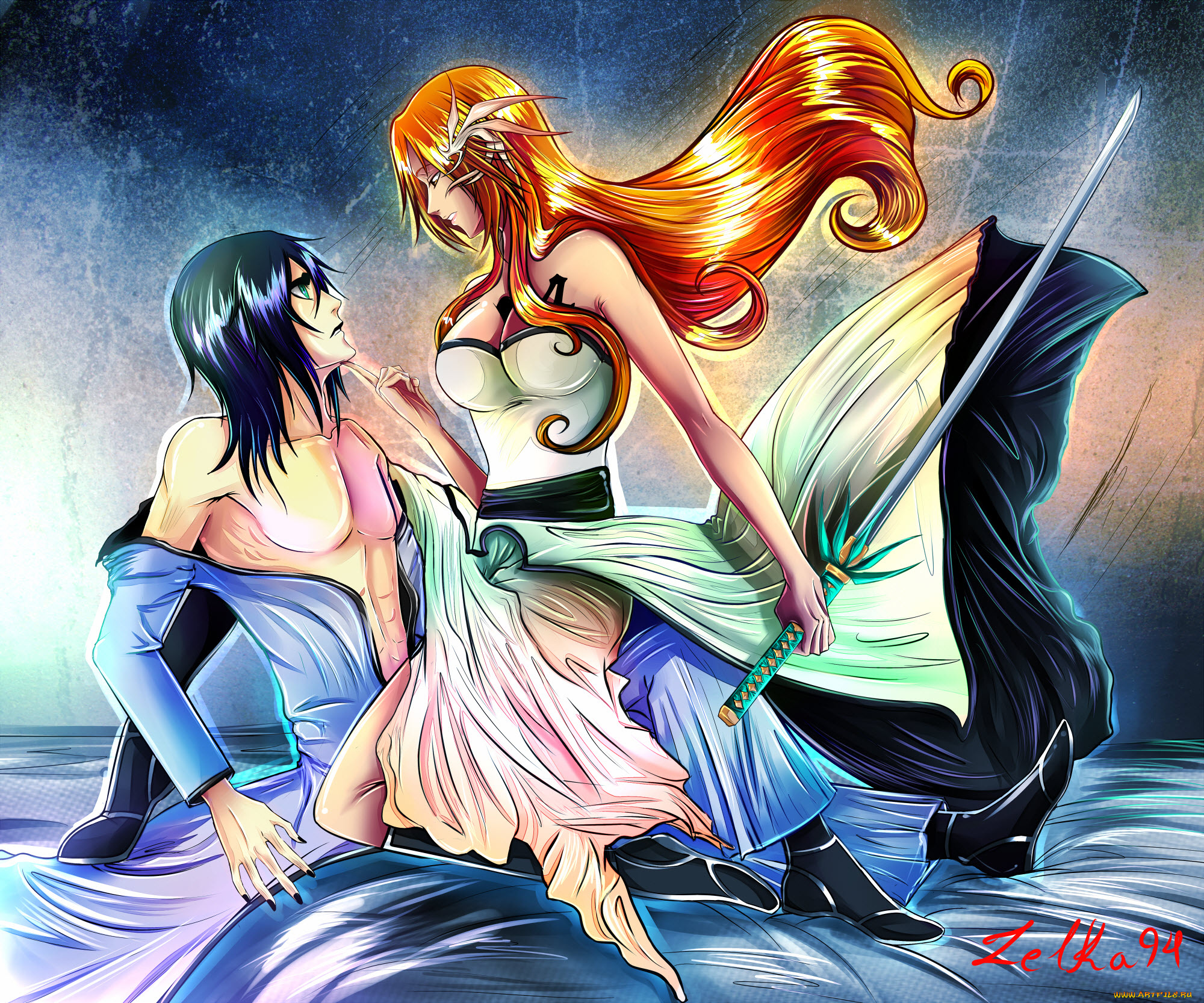 аниме, bleach, блич, фан, арт, улькиорра, шиффер, орихиме, парень, девушка, брюнет, рыжая, меч, аранкары