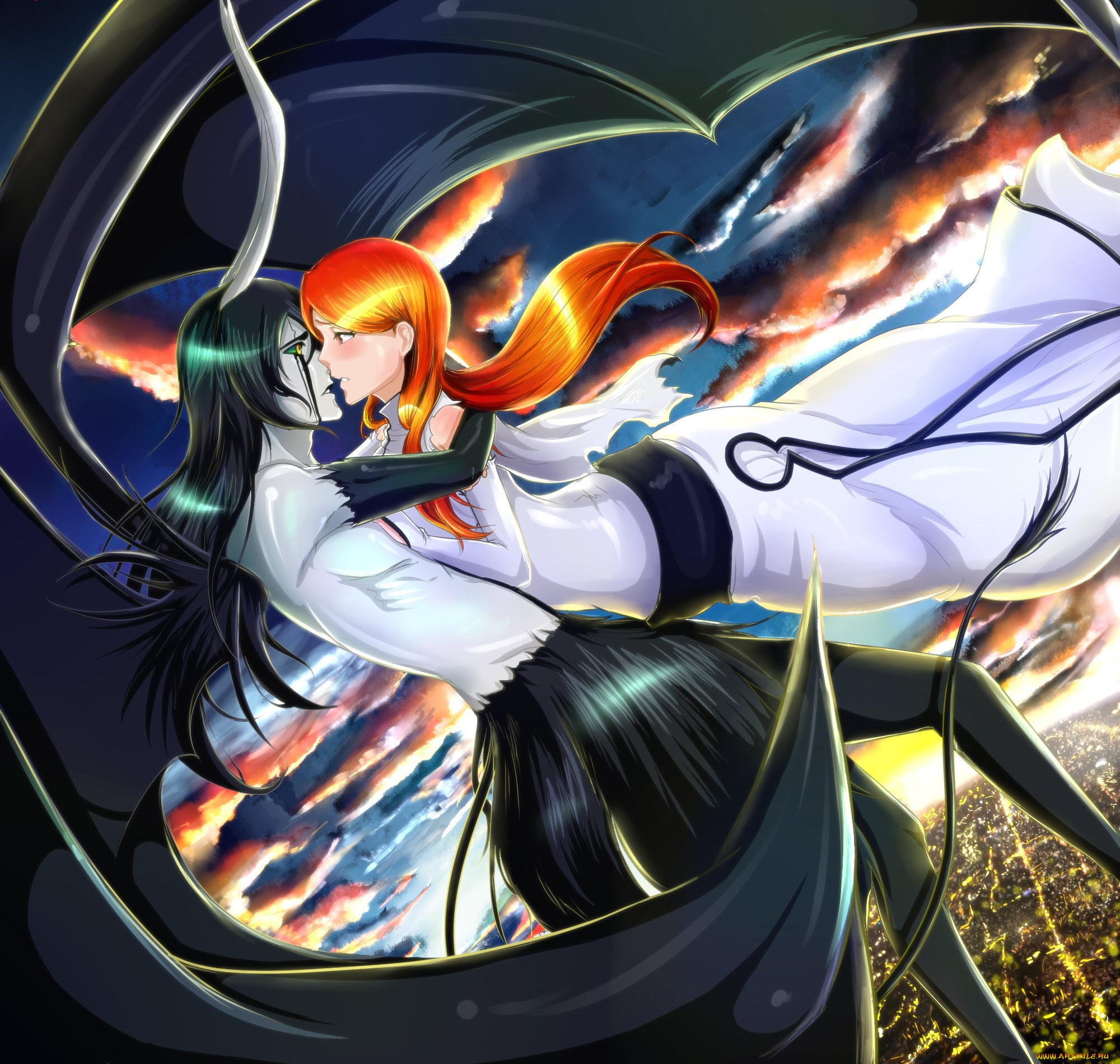 аниме, bleach, блич, фан, арт, пара, брюнет, рыжая, девушка, парень, любовь, орихиме, улькиорра, шиффер, аранкар, полёт, небо, облака, закат, город, объятия
