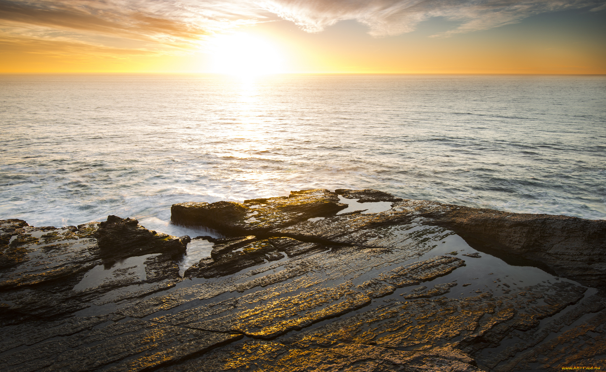 природа, восходы, закаты, камни, океан, сияние, солнце, горизонт