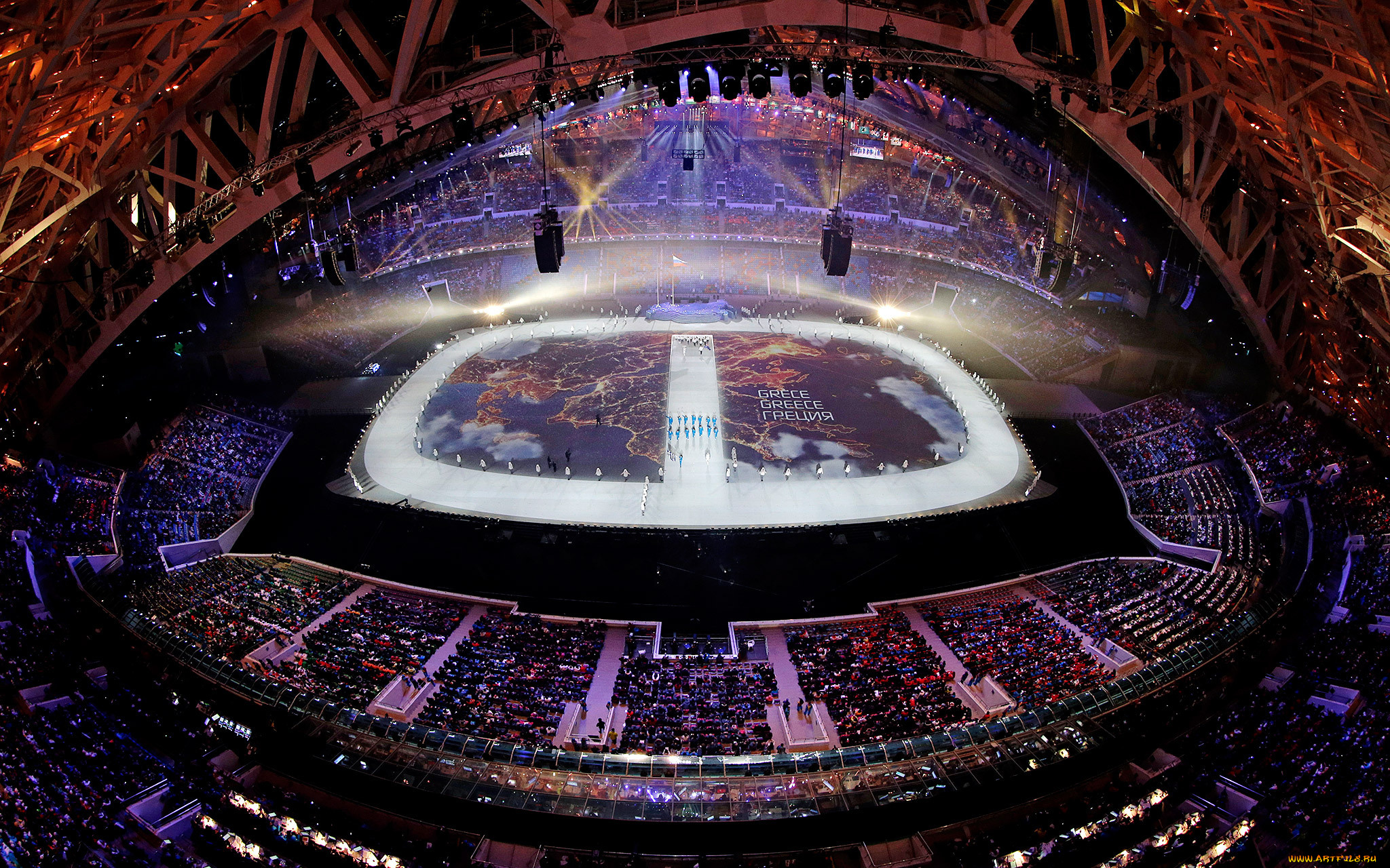 спорт, стадионы, стадион, открытие, сочи, олимпиада, шоу, огни, трибуны, греция, команды