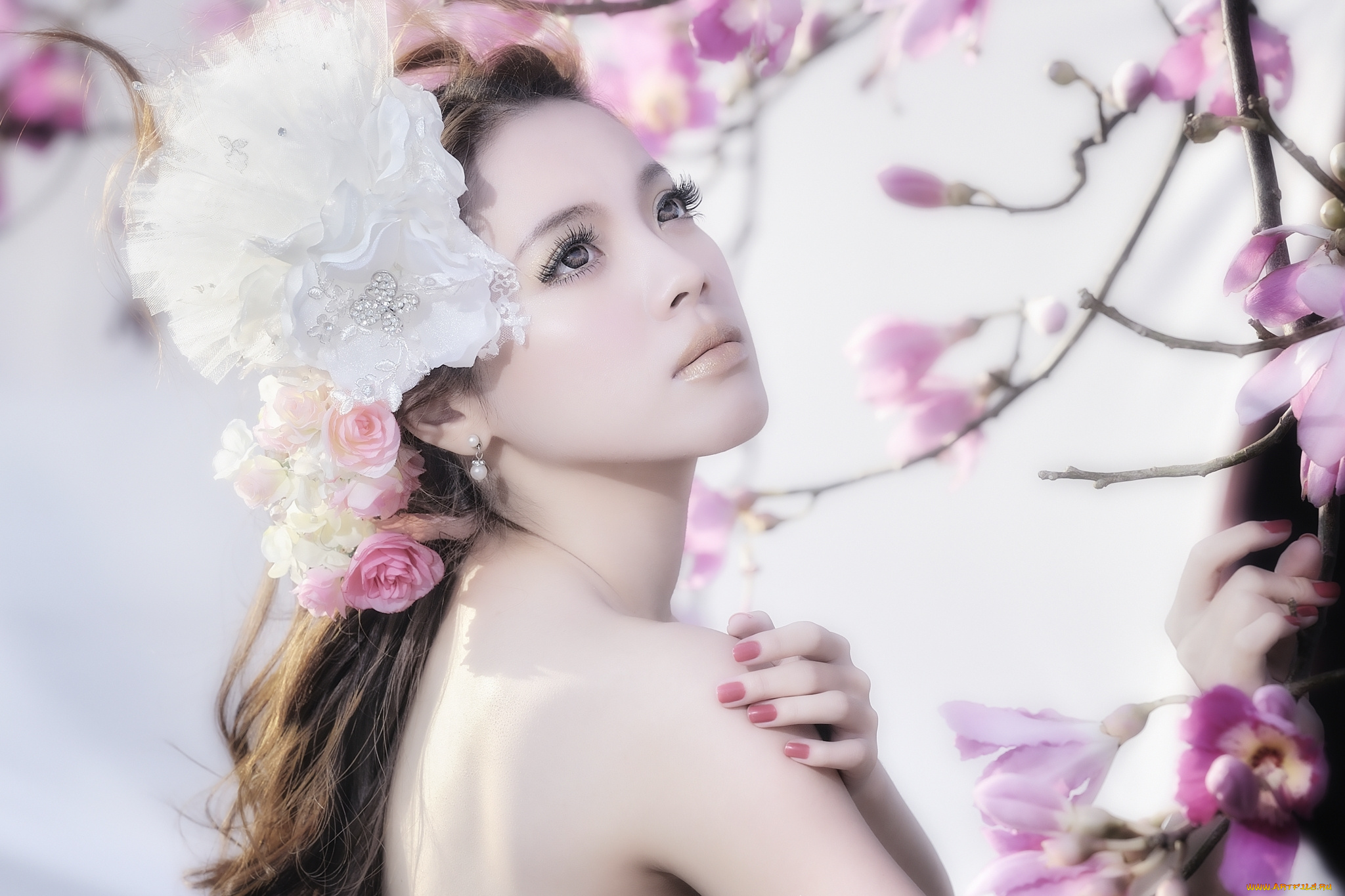 девушки, -unsort, , лица, , портреты, цветы, девушка, фон