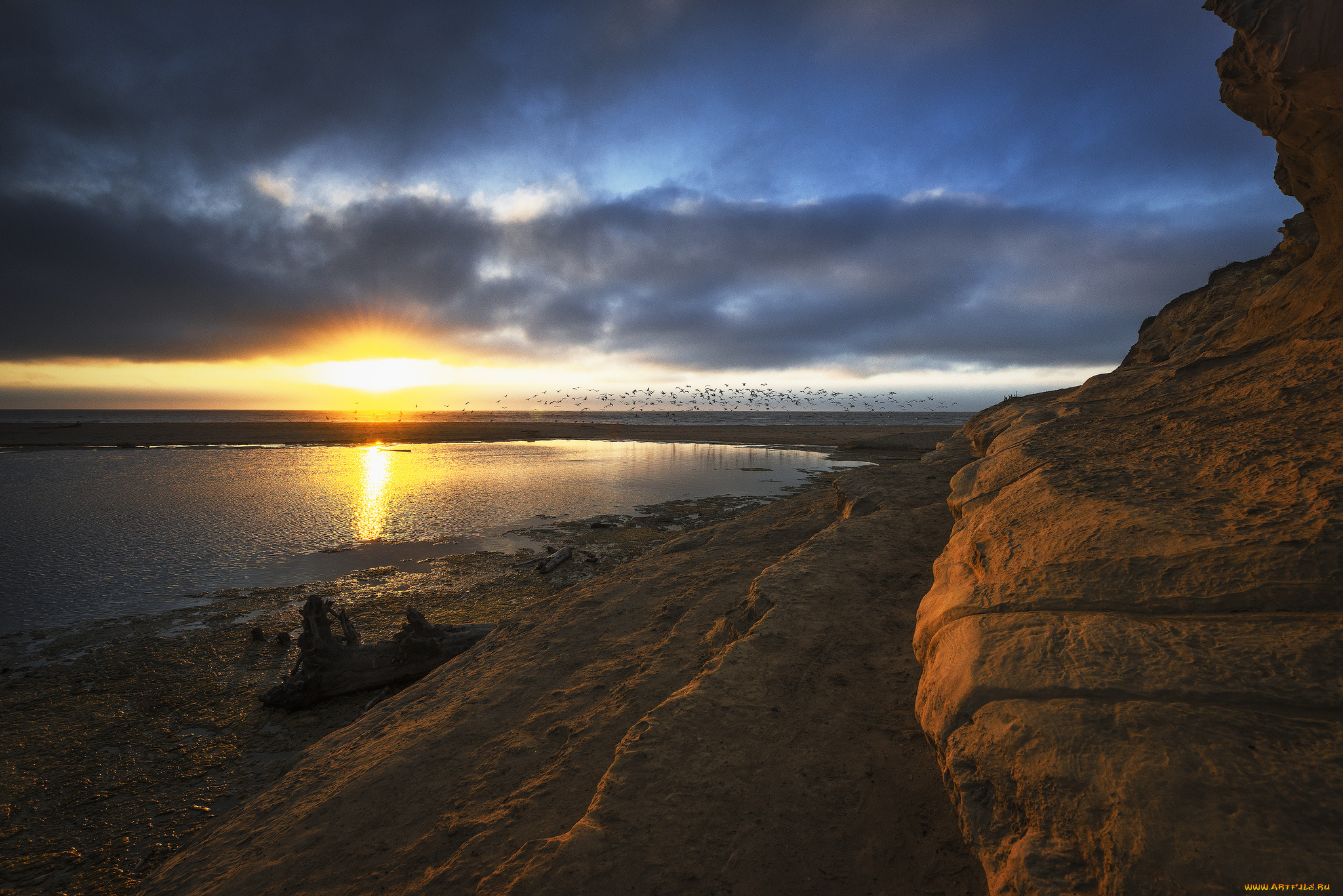 природа, восходы, закаты, скала, скалы, солнце, горизонт, пляж, океан
