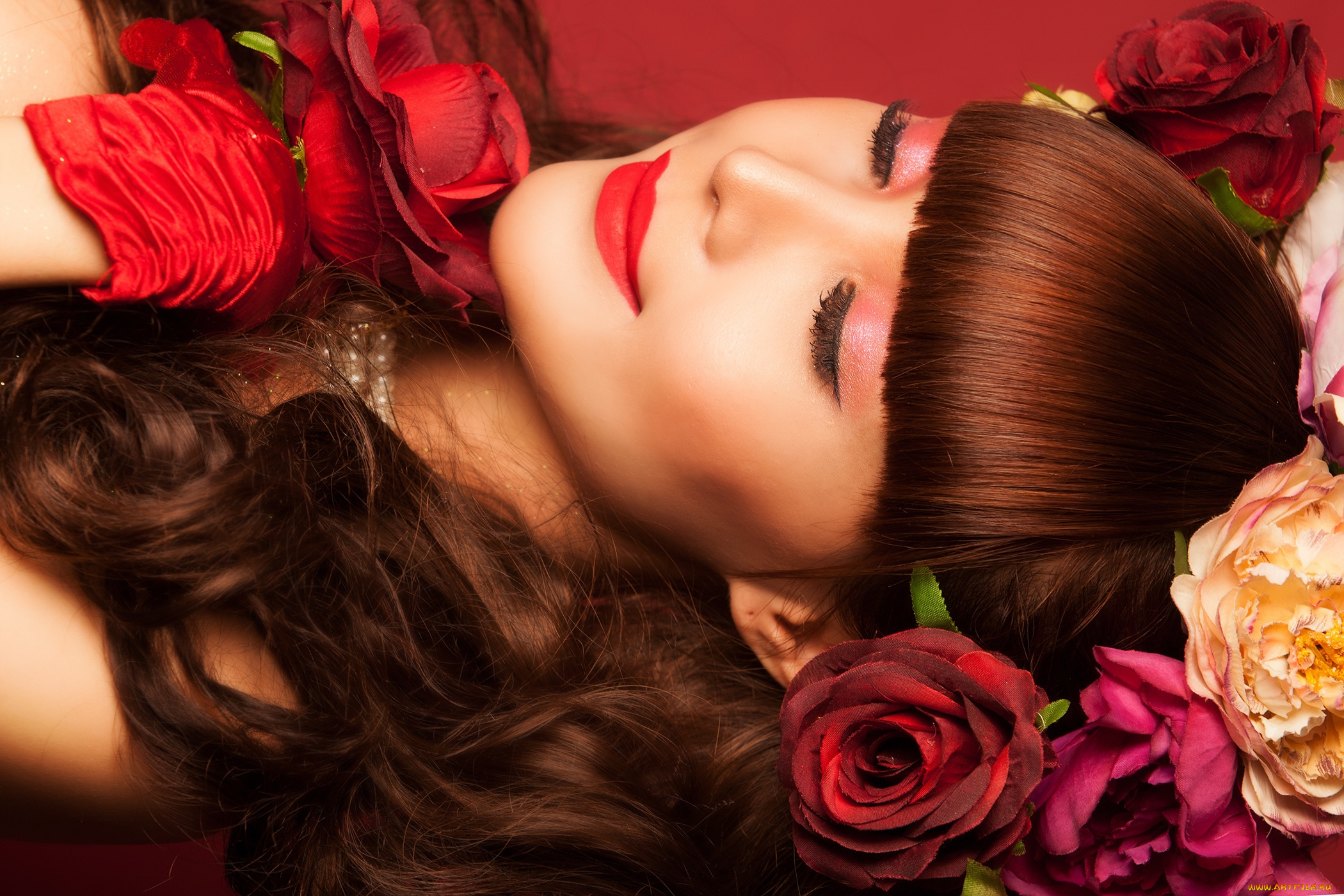 девушки, -unsort, , лица, , портреты, цветы, улыбка